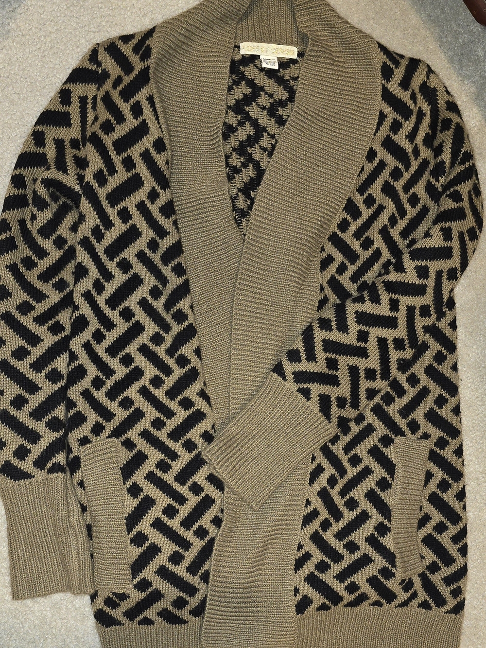 Love By Design Black and Tan Geometric Shawl-Collar Cardigan
